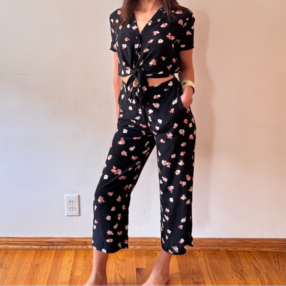 Pinko Silk Jumpsuit, Black, Pink Floral, Button-Up Top Tie Closure, Zip Pants, 4